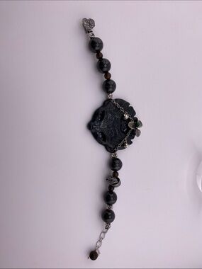 🦊 Black Jade Fox Head Tibetan Silver Flower & Bell Charm Bracelet